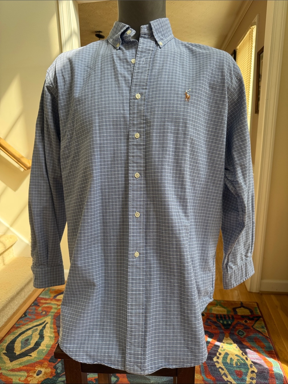 Ralph Lauren Yarmouth 100% Cotton Blue Micro-Check Button-Down Shirt 16.5 34/35